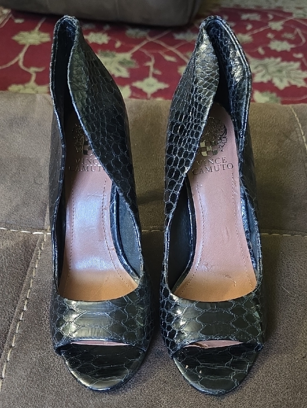 Vince Camuto Black Snake-Embossed Peep-Toe Heels